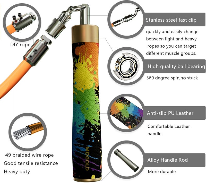 MOGOLD Weighted Jump Rope for Men Women -Interchangeable 1/5lb 1/4lb 1/2lb Heavy jump ropes - 360 Degree Spin - Length Adjustable,Ergonomics Leather Grip Skipping Rope for Fitness Weight Loss & More - Image 2